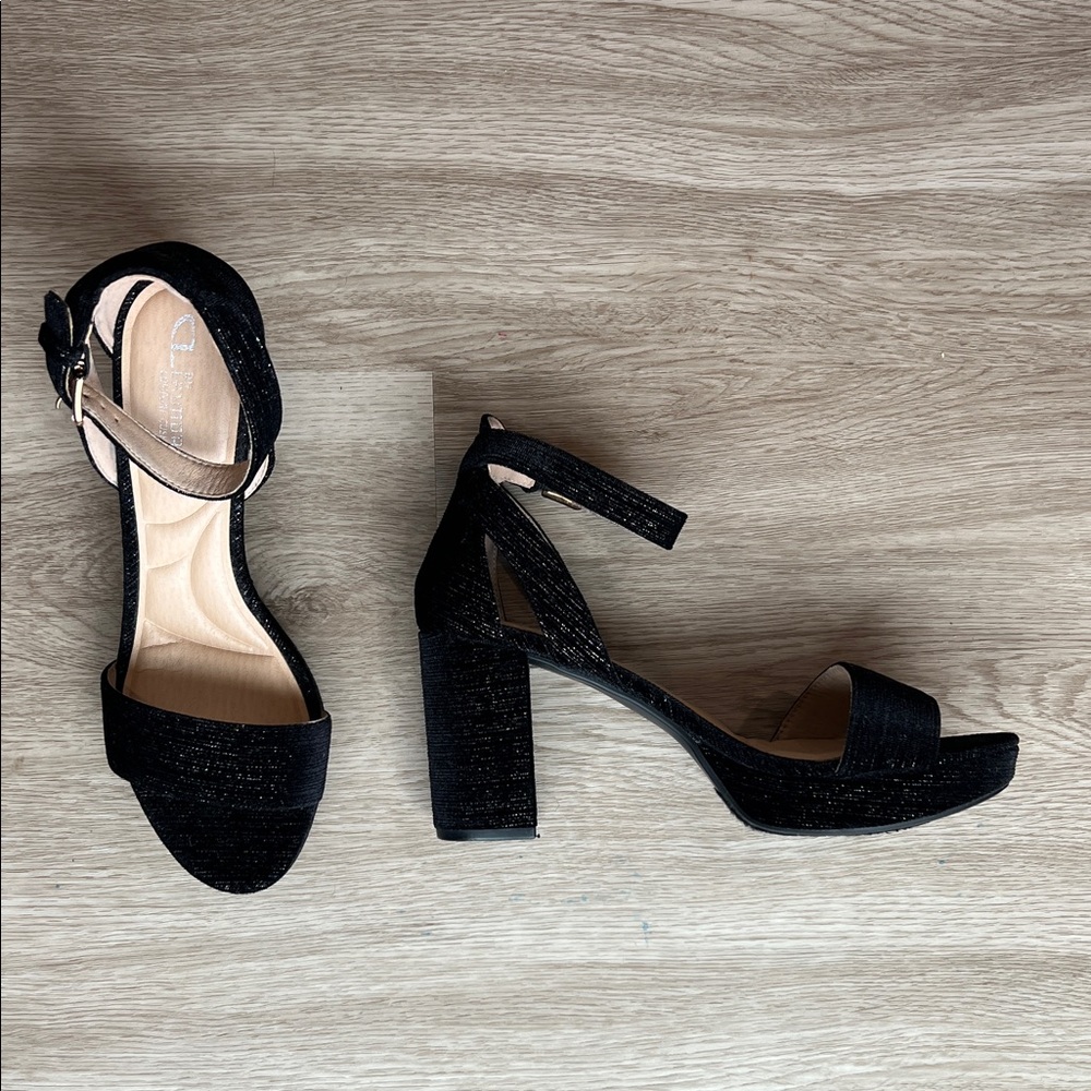 CL by Laundry Black Sparkle Ankle-Strap Block Heels *EUC*